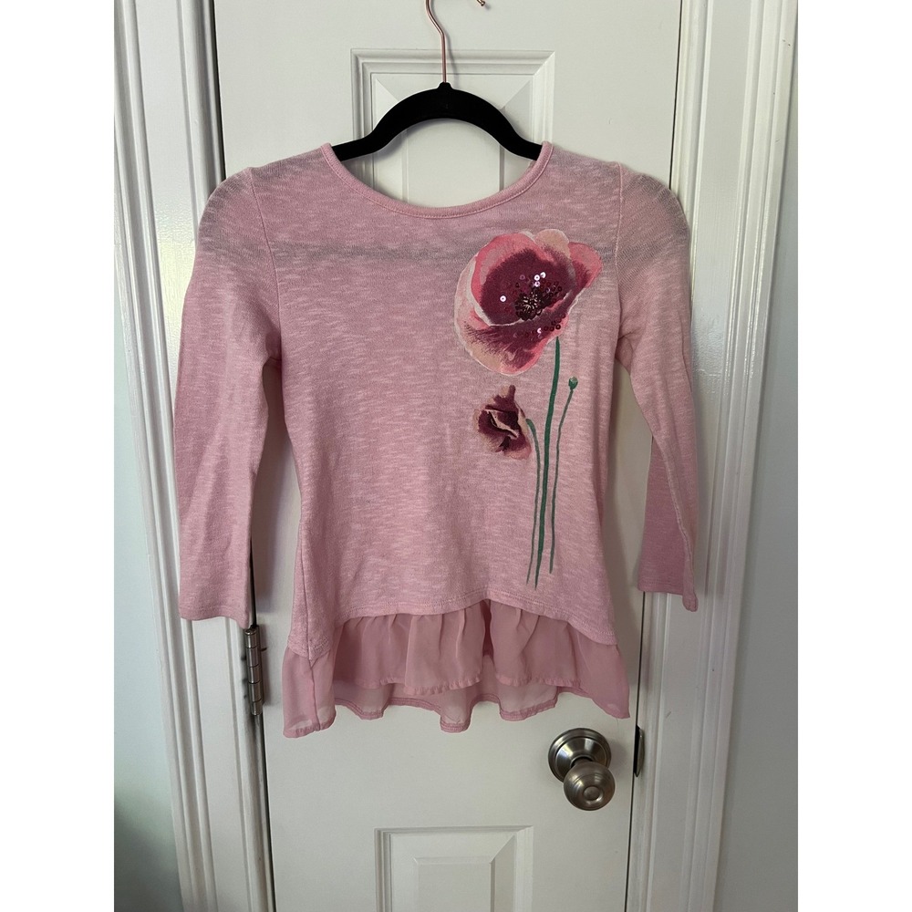 The Childrens Place Girls Pink Floral Sequin Knit Top Chiffon Hem Size M 7/8